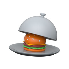 3D burger on plate with cloche for party meals.