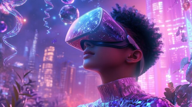 Young African American woman wearing VR headset in futuristic city - Powered by Adobe