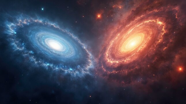 3d image of glowing two Interacting Spiral Galaxies in Deep Space ai generative
