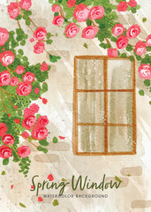Artistic Watercolor Painting of Rose Vines Around an Old Style Window