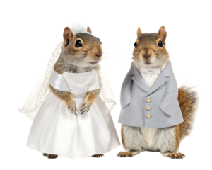 Two squirrels dressed in wedding attire standing next to each other on a transparent background
