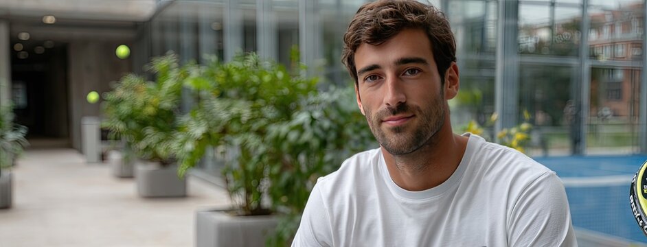 Athletic man stands confidently inside a modern palace, holding a tennis racket with yellow balls soaring around him, showcasing his skill.