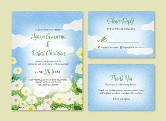Watercolor Wedding Invitation Card Set with Blue Sky and Floral Design