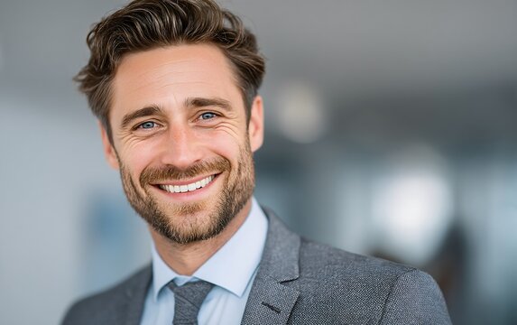 Confident executive with beard in formal suit smiling brightly under clean tones of professionalism