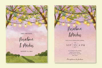 Artistic Watercolor Wedding Invitation Card with String Lights and Nature Scenery