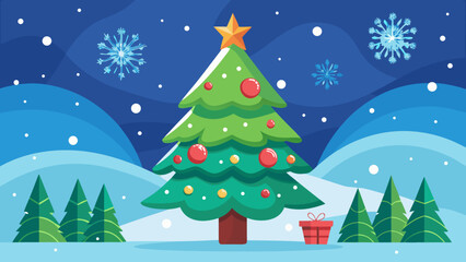 Vector art of a festive christmas tree stands tall in a snowy winter landscape, adorned with ornaments and a star, celebrating the holiday season