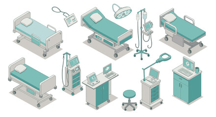 Obraz premium Isometric hospital equipment set featuring beds and medical devices