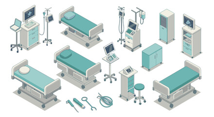 Obraz premium Isometric hospital equipment set featuring beds, monitors, and medical devices