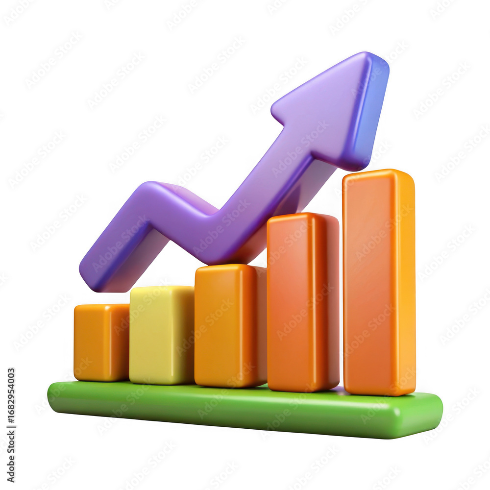 Poster 3d growth chart with upward arrow isolated on transparent background