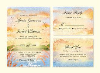 Watercolor Sky and Landscape Wedding Invitation Stationery Card Set Design