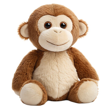 A plush monkey toy sitting upright with brown fur and a cream colored belly on a white background