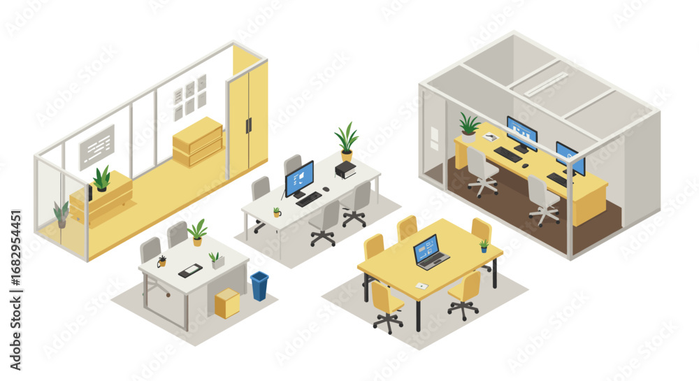 Aufkleber isometric modern office spaces with desks and computers in open and closed settings