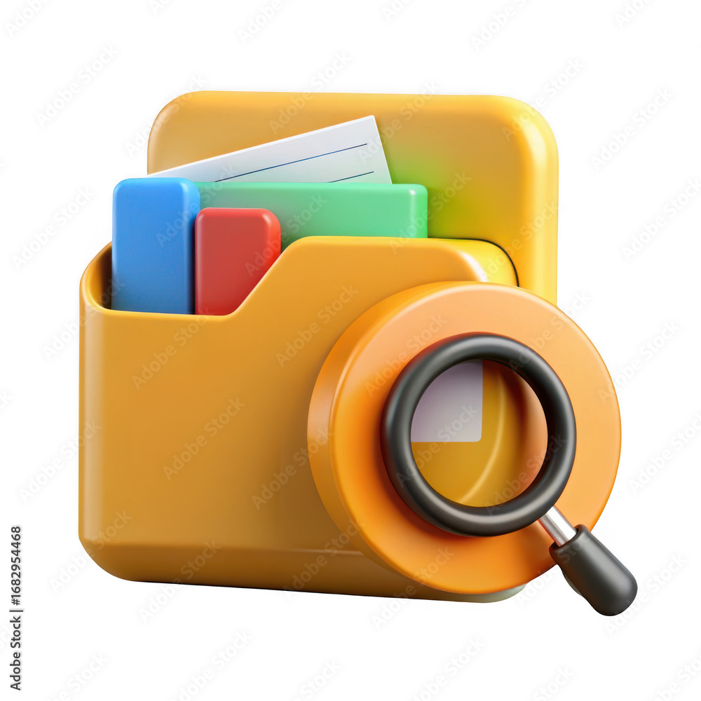 Poster 3d folder with magnifying glass and documents isolated on transparent background