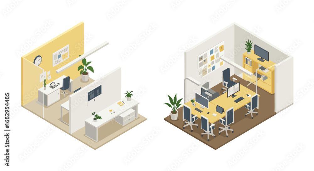 Poster modern isometric office workspace with minimalist design and collaborative areas