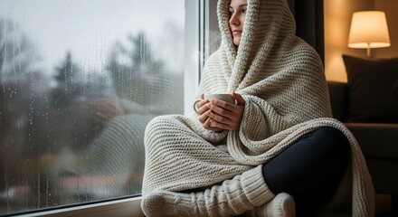 A cozy woman wrapped in a warm blanket sits by a rainy window, holding a hot drink and looking outside thoughtfully.