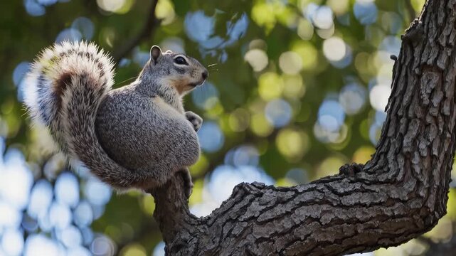 A squirrel sits on a tree branch with the squirrel's bushy tail curled. Sunlight filters through leaves, casting patterns on the squirrel and tree branch in the natural setting.