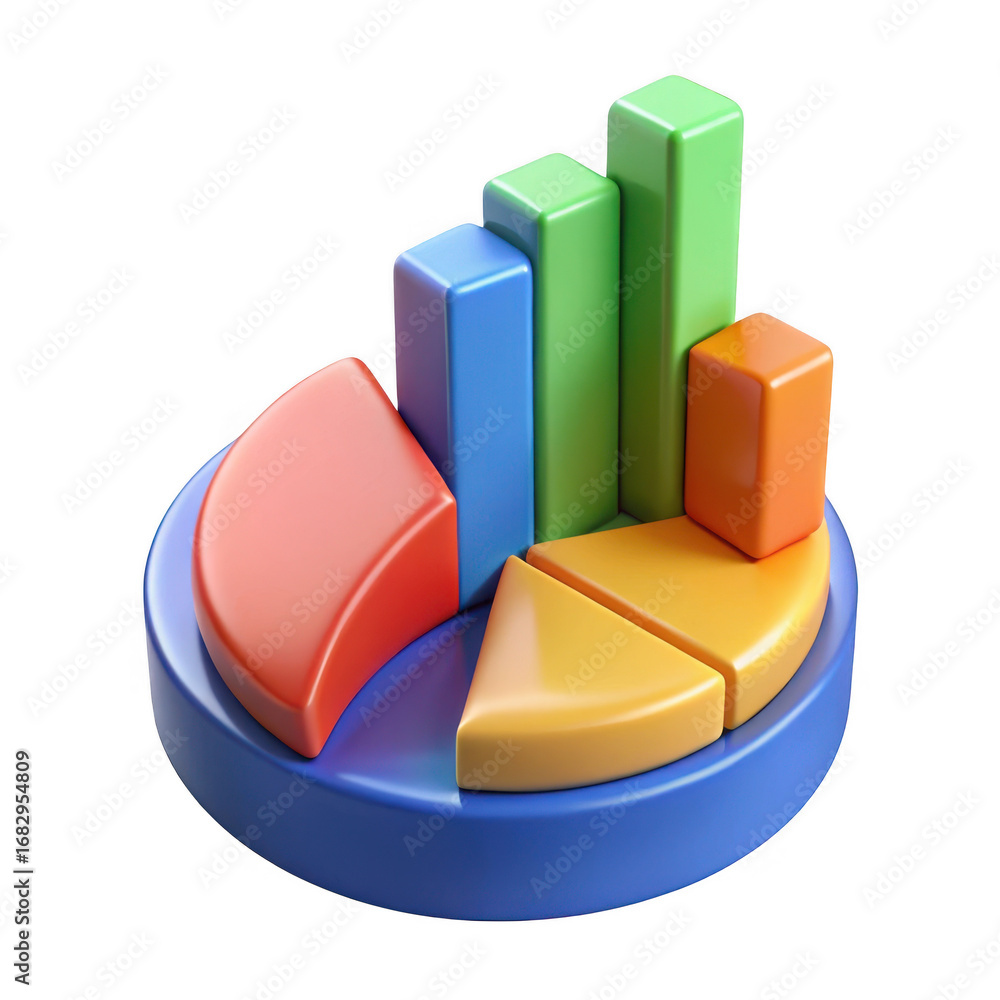 Poster 3d colorful bar chart and pie chart combination isolated on transparent background