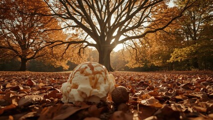 Ice cream scoop melting on autumn leaves with a large tree in the background during sunset