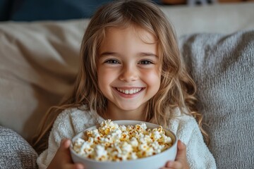 Young smiling girl resting at home, seated on the sofa, holding a bowl of popcorn and enjoying snacks, Generative AI