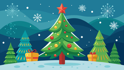 Fototapeta premium Vector art of a christmas tree with gifts in a snowy landscape with snowflakes, creating a festive and joyful atmosphere for the holiday season in winter