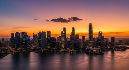 Fototapeta premium Panorama of towering modern skyscrapers, city skyline at sunset. Dynamic cityscape, business, ambition, and metropolitan life. Real estate, residential apartment and office building architecture