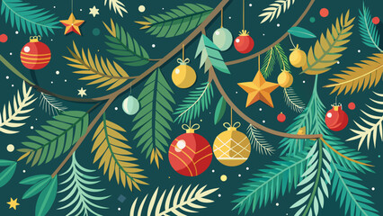 Vector art of a festive christmas background with ornaments and pine branches, perfect for holiday decorations and winter season greetings in a decorative style