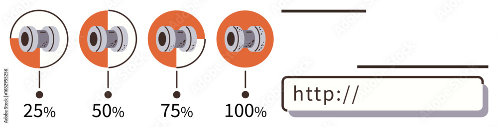 Poster circular progress indicators showing 25, 50, 75, and 100 alongside a web address bar. ideal for prog