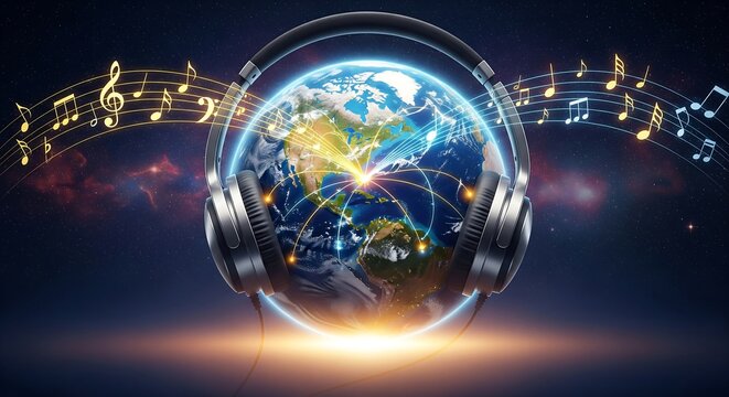 A vibrant illustration of Earth wearing headphones, surrounded by musical notes and global network connections, symbolizing worldwide music and communication.