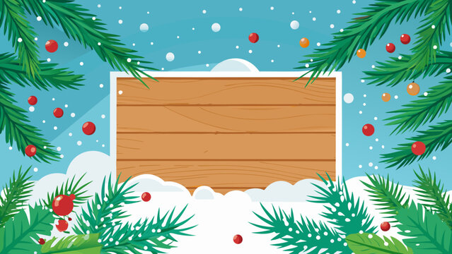 Vector art of christmas background with wooden sign, decorated with pine branches, ornaments, and snow, perfect for holiday greetings and winter season messages