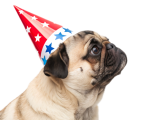 Close up of a pug wearing a red and white party hat with blue and white stars on a white background