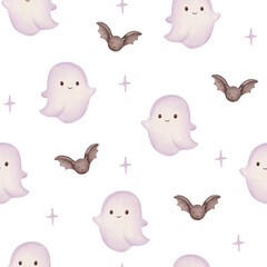 Watercolor seamless pattern with cute ghost and bat. Perfect for Halloween designs.