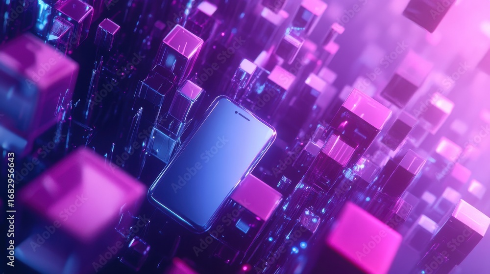 Poster smartphone surrounded by illuminated cubes in abstract setting