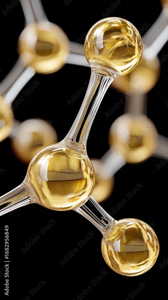 Poster golden energy molecules create a mesmerizing pattern on a dark surface, reflecting light with stunni