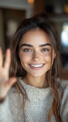 Vertical close-up of a young beautiful woman at home, engaging in a video call on her phone, greeting and waving at the camera, Generative AI