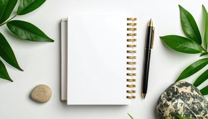 Clean, bright flat lay of a blank, spiral-bound notebook with a pen, leaves, and a stone on a white surface, creating a minimalist aesthetic