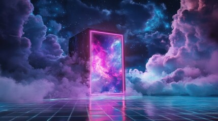 Glowing neon pink portal framing a nebula in night sky