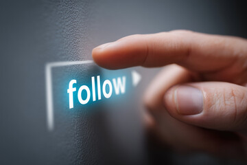 Human hand touching screen with highlighted "follow" button, generated image
