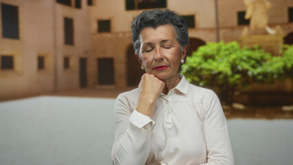 Woman reflecting with closed eyes in an old town street, highlighting serene grey-haired senior in...
