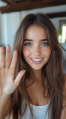 Vertical close-up of a young beautiful woman at home, engaging in a video call on her phone, greeting and waving at the camera, Generative AI