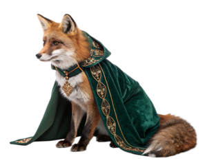 A fox wearing an ornate green velvet cape with golden embroidery and a golden pendant necklace sitting