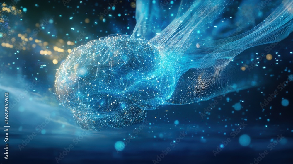Poster glowing brain with network connections in abstract digital space