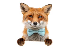 A fox wearing a blue polka dot bow tie looking at the viewer against a black background holding a sign