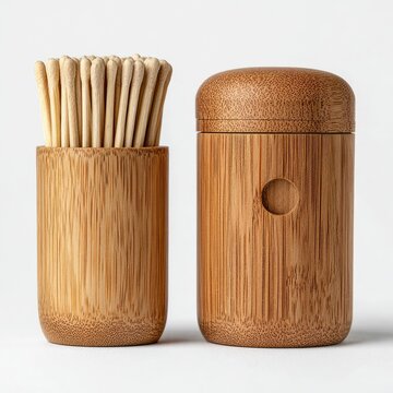 Two cylindrical bamboo containers, one holding wooden toothpicks
