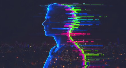 Digital human mind concept with glitch effect. Futuristic AI profile.
