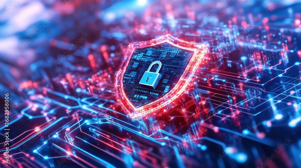 Poster glowing digital shield with padlock in abstract environment