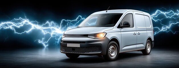 A sleek van with glowing blue lines and waves stands out against a dark background, creating a striking futuristic visual.