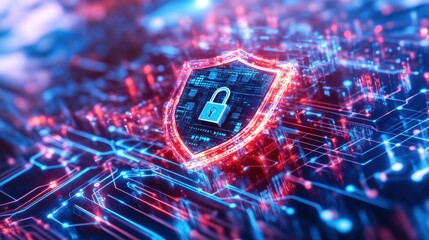 Glowing digital shield with padlock in abstract environment