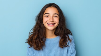 Fototapeta premium Smiling young girl with braces wearing cozy blue sweater against a soft blue background