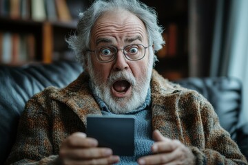 Scared gray-haired man using a credit card through a mobile app, sitting on a sofa at home, Generative AI