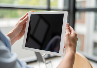 Holding tablet for communication in modern office setting. Woman holds tablet, demonstrating use in professional environment, ideal for presentations and remote work,